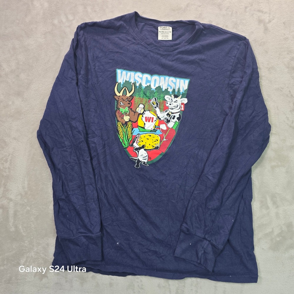 Port & Company Wisconsin Graphic Long Sleeve T-Shirt Navy Blue PC099LS Mens M